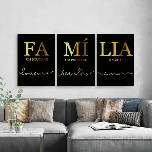 Trio Quadros Digitais - Família Barulho Loucura Amor Dourado