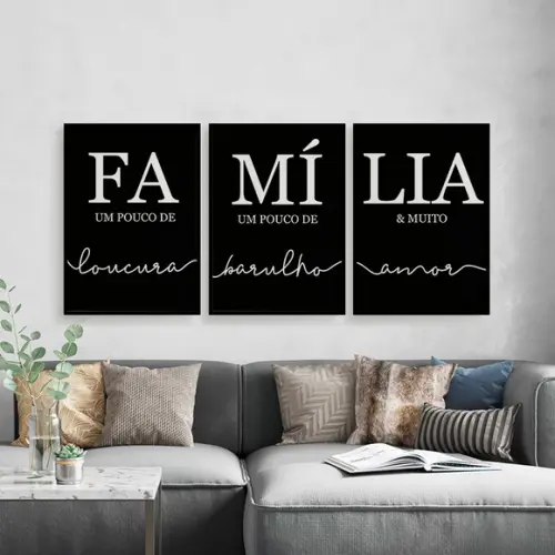 Trio Quadros Digitais - Família Barulho Loucura Amor Preto