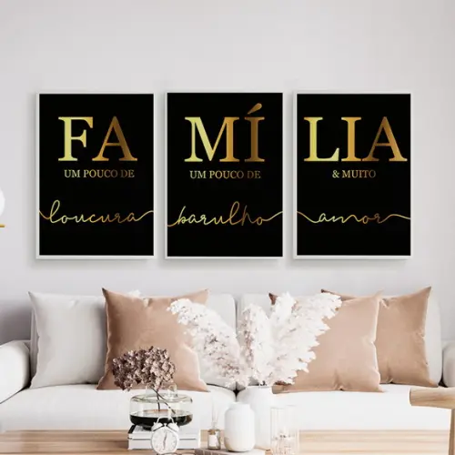Trio Quadros Digitais - Família Barulho Loucura Amor Dourado