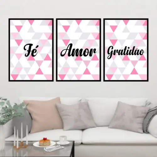 Trio Quadros Digitais - Fé Amor Gratidão Triângulos Rosa