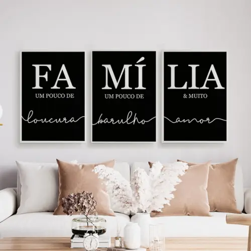 Trio Quadros Digitais - Família Barulho Loucura Amor Preto