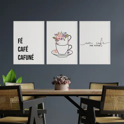 Trio Quadros Digitais - Fé Café Cafuné - Xícaras Com Flores