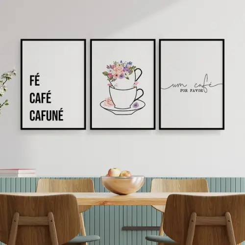 Trio Quadros Digitais - Fé Café Cafuné - Xícaras Com Flores