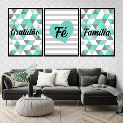Trio Quadros Digitais - Fé Família Gratidão Geométrico