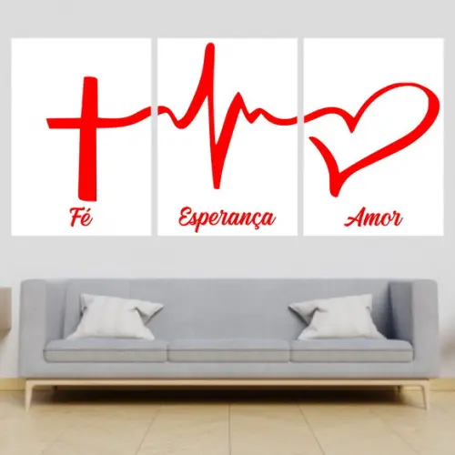 Trio Quadros Digitais - Fé Esperança Amor Vermelho