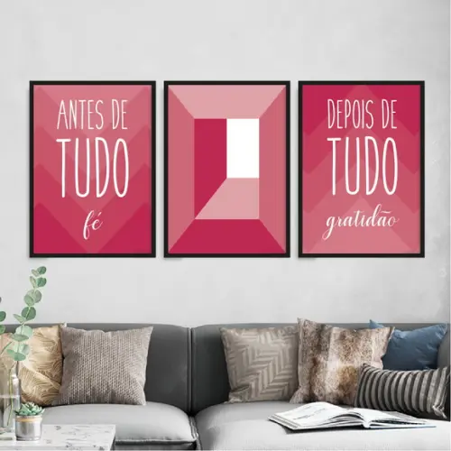 Trio Quadros Digitais - Fé Gratidão - Cubo Viva Magenta