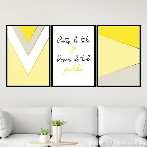 Trio Quadros Digitais - Fé Gratidão Geométrico Amarelo