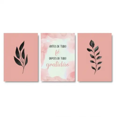 Trio Quadros Digitais - Fé Gratidão - Folhas Rosa e Preto