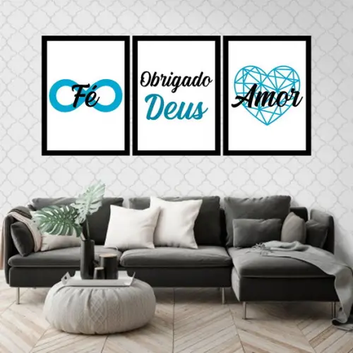 Trio Quadros Digitais - Fé Obrigado Deus Amor Azul