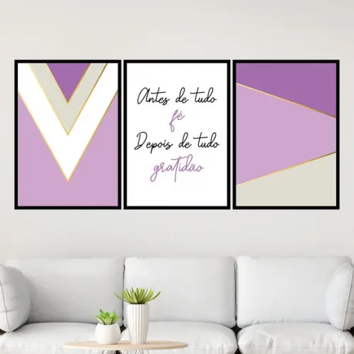 Trio Quadros Digitais - Fé Gratidão Geométrico Roxo