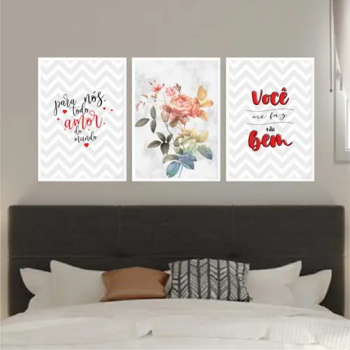 Trio Quadros Digitais - Flores Mármore - para Nós Todo Amor