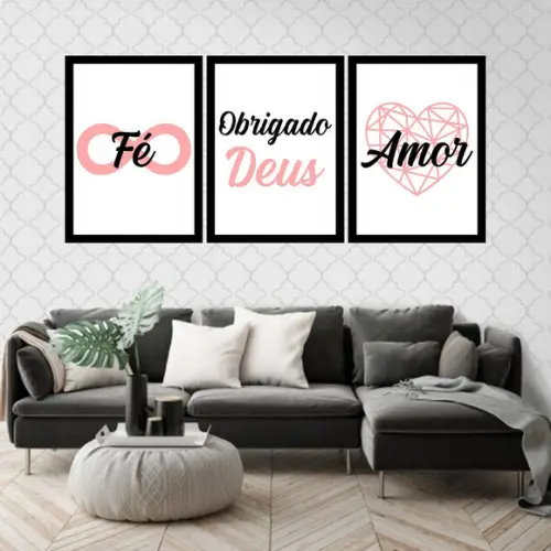 Trio Quadros Digitais - Fé Obrigado Deus Amor Salmon