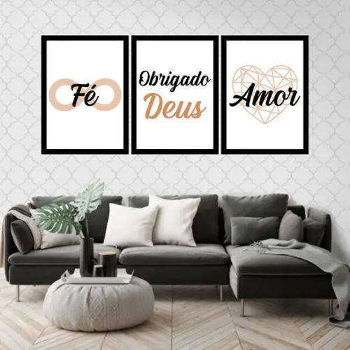 Trio Quadros Digitais - Fé Obrigado Deus Amor Marrom