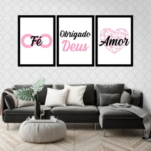 Trio Quadros Digitais - Fé Obrigado Deus Amor Rosa