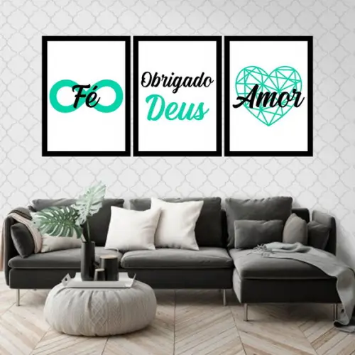 Trio Quadros Digitais - Fé Obrigado Deus Amor Verde