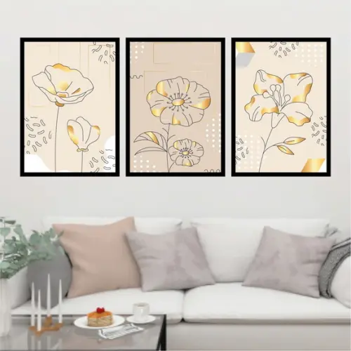 Trio Quadros Digitais - Flores Rosa Dourado