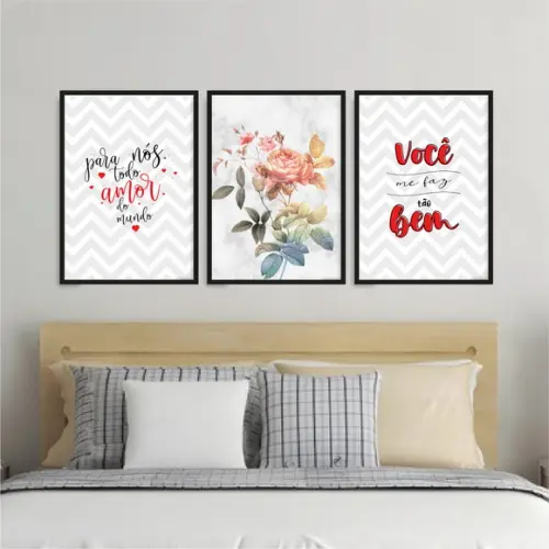 Trio Quadros Digitais - Flores Mármore - para Nós Todo Amor