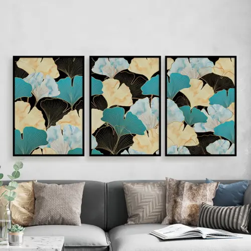 Trio Quadros Digitais - Folhas Azul e Dourada