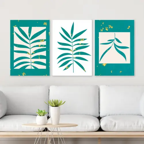Trio Quadros Digitais - Folhas Azul Turquesa e Dourado