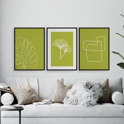 Trio Quadros Digitais - Folhas E Linhas - Verde E Branco