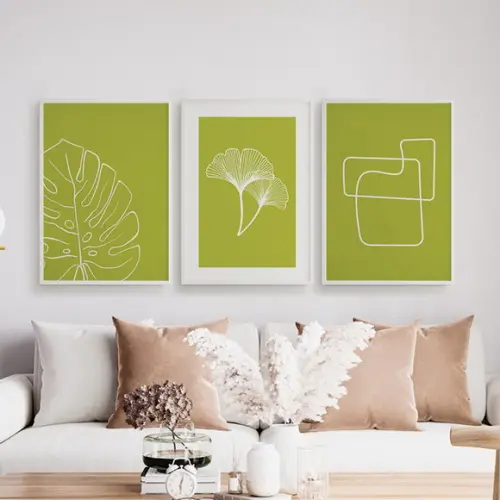 Trio Quadros Digitais - Folhas E Linhas - Verde E Branco