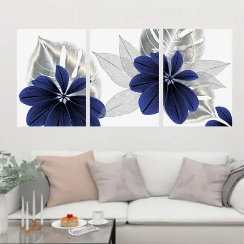 Trio Quadros Digitais - Folhas Mosaico Prata Azul Branco