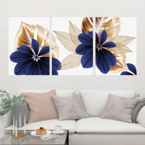 Trio Quadros Digitais - Folhas Mosaico Dourado Azul Branco