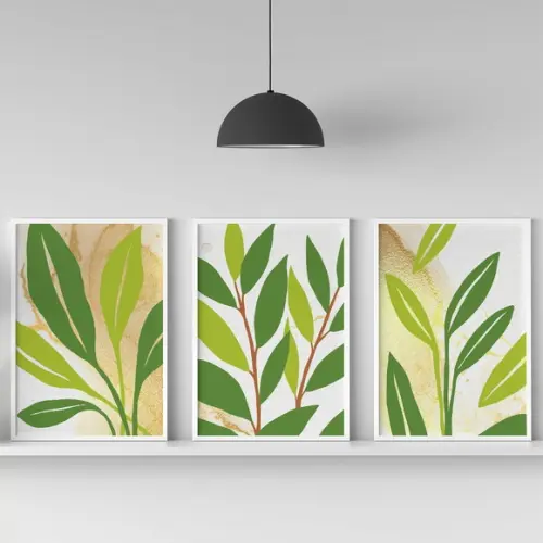 Trio Quadros Digitais - Folhas verdes fundo branco e dourado
