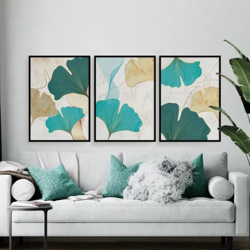 Trio Quadros Digitais - Folhas Turquesa E Dourado