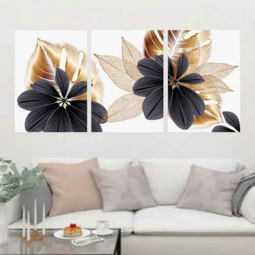 Trio Quadros Digitais - Folhas Mosaico Dourado Preto Branco