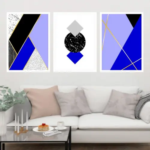 Trio Quadros Digitais - Geométrico Azul e Preto