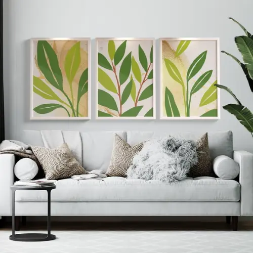 Trio Quadros Digitais - Folhas verdes fundo branco e dourado