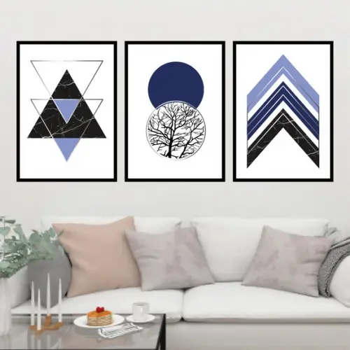 Trio Quadros Digitais - Geométrico Azul e Prata - Mármore