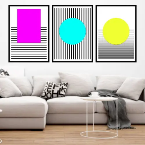 Trio Quadros Digitais - Geométrico Círculos Listras