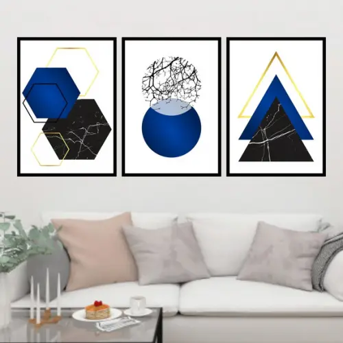 Trio Quadros Digitais - Geométrico Azul Mármore Preto