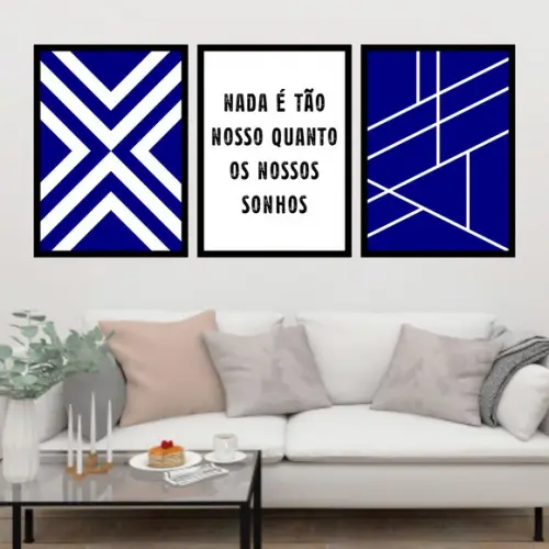 Trio Quadros Digitais - Geométrico Azul Sonhos