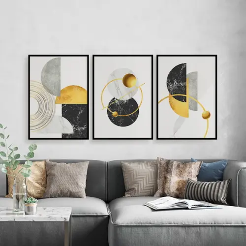 Trio Quadros Digitais - Geométrico Círculos Luxo Dourado