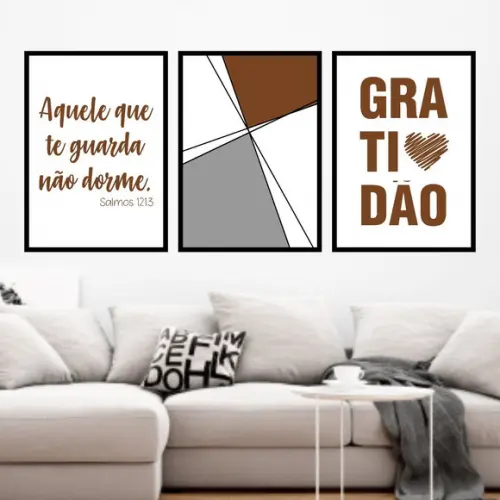 Trio Quadros Digitais - Geométrico Gratidão Marrom