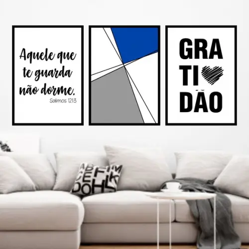 Trio Quadros Digitais - Geométrico Gratidão Azul