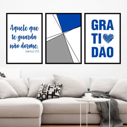 Trio Quadros Digitais - Geométrico Gratidão Azul