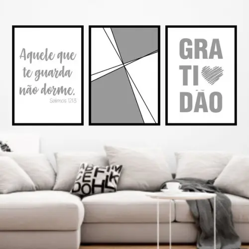 Trio Quadros Digitais - Geométrico Gratidão Cinza