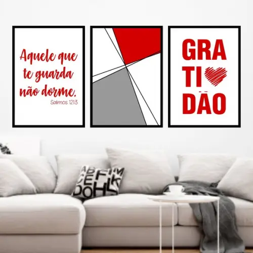 Trio Quadros Digitais - Geométrico Gratidão Vermelho