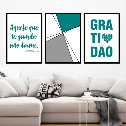 Trio Quadros Digitais - Geométrico Gratidão Verde Água
