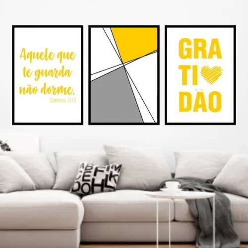 Trio Quadros Digitais - Geométrico Gratidão Amarelo