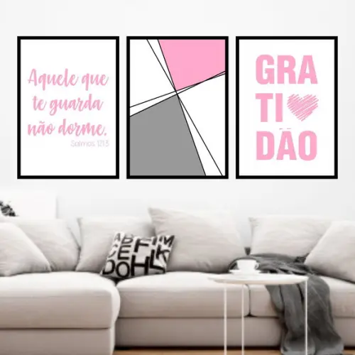 Trio Quadros Digitais - Geométrico Gratidão Rosa