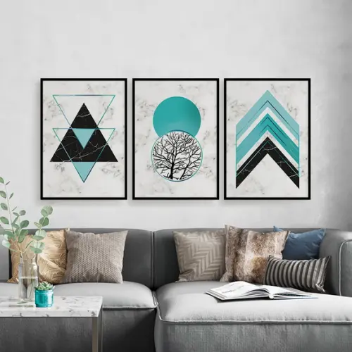 Trio Quadros Digitais - Geométrico Mármore Turquesa