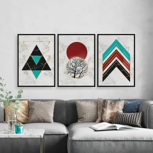Trio Quadros Digitais - Geométrico Mármore Turquesa Vermelho