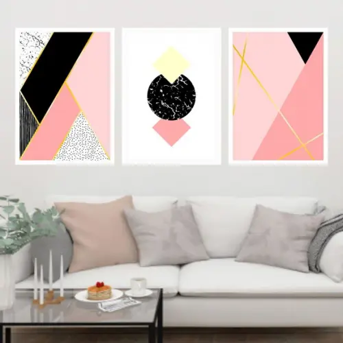 Trio Quadros Digitais - Geométrico Rosa e Preto