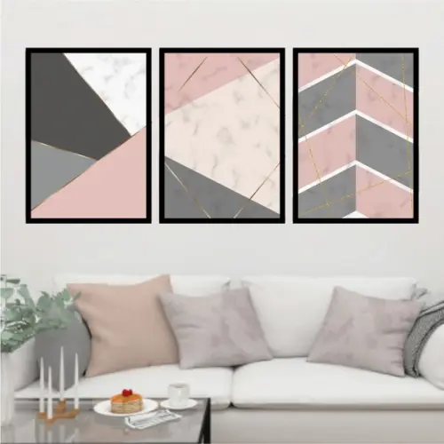 Trio Quadros Digitais - Geométrico Rosa Preto Branco e Cinza