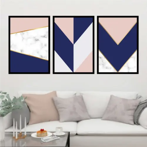 Trio Quadros Digitais - Geométrico Rosa Azul e Branco